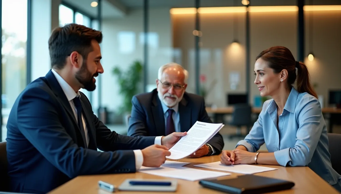 Three professionals in a modern office discussing insurance documents during a business meeting.
