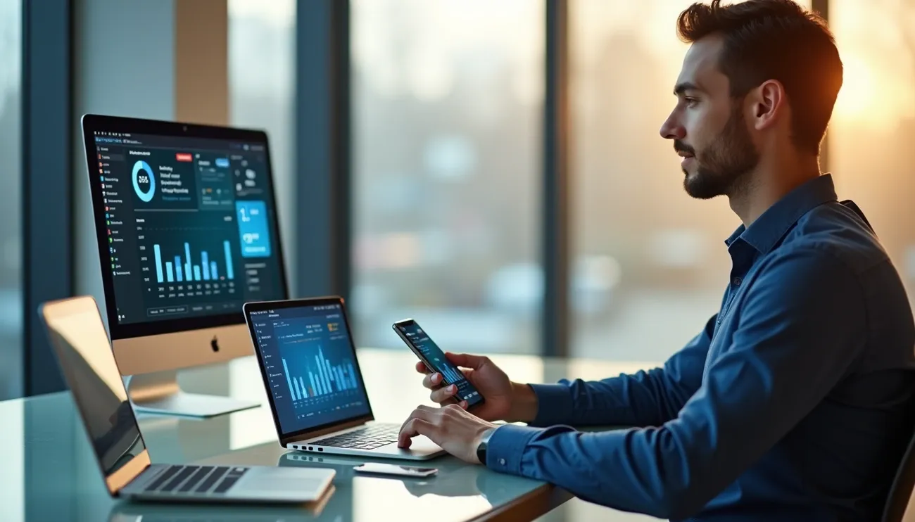 Man analyzing financial data on multiple devices including desktop, laptop, and smartphone in a modern office setting.