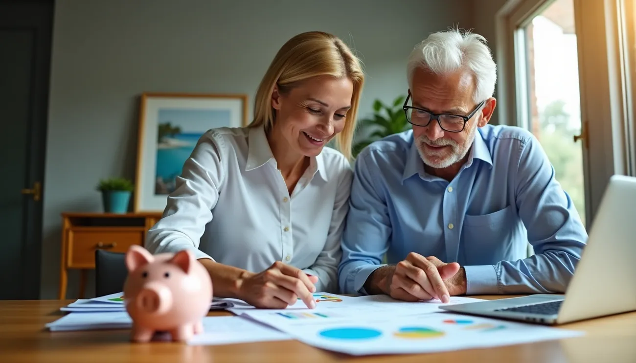 Two people reviewing financial documents with charts and a piggy bank on the table near a laptop in a home office.