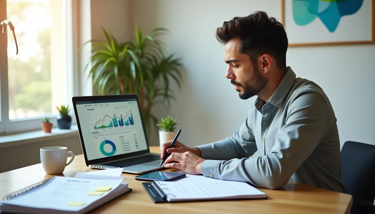 Person working on financial planning with charts and graphs on laptop in a well-lit home office.