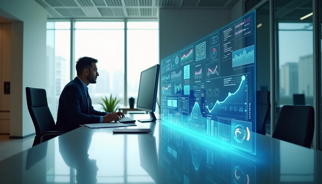 Businessman analyzing futuristic insurance sector data and charts on a transparent digital screen in an office.