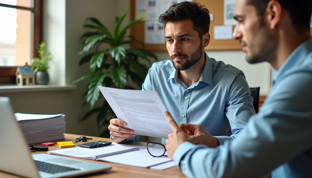 Two men in blue shirts discussing a document in an office setting with papers and a laptop on the desk.