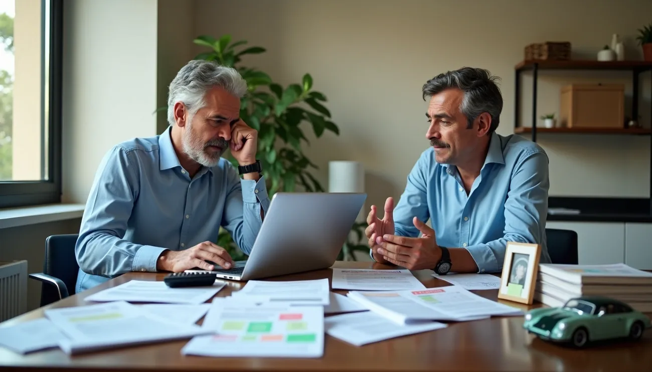 Two men in blue shirts discussing financial documents and insurance details at a table with a laptop and calculator.