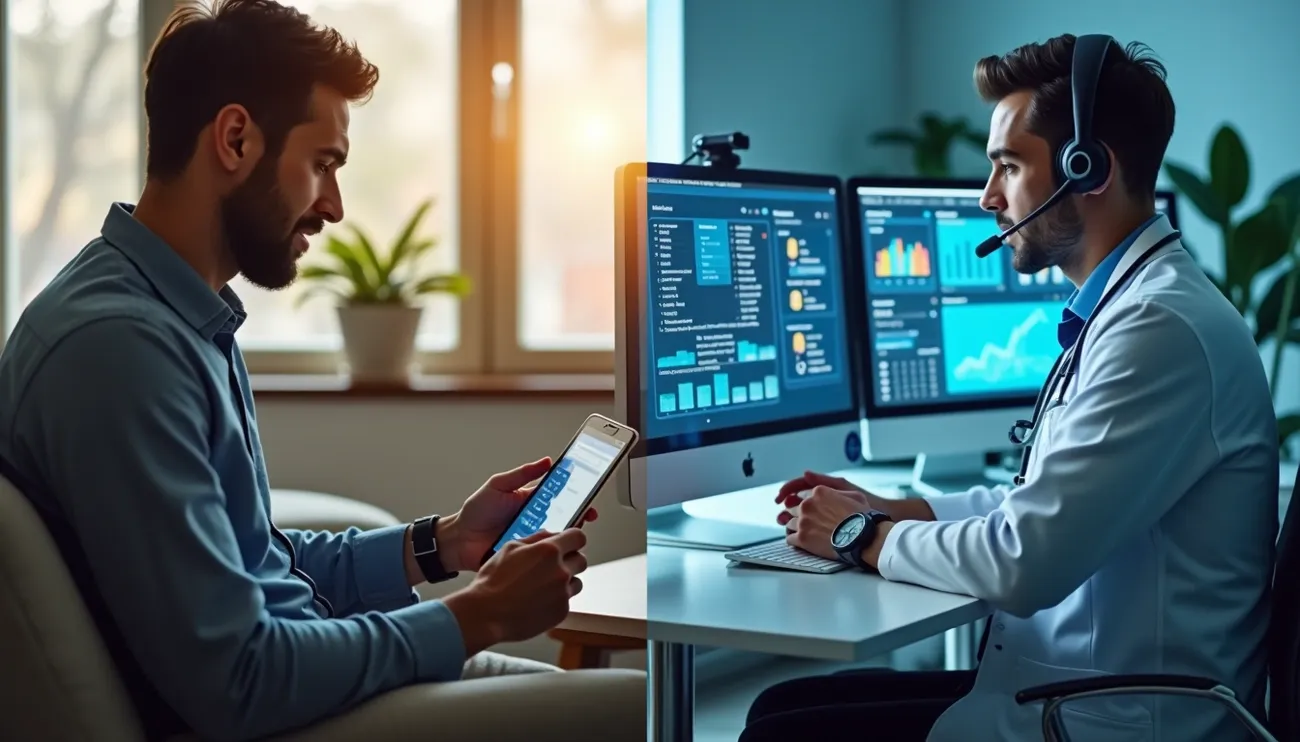 A patient and doctor using digital devices and data analytics to manage health through digital insurance services.