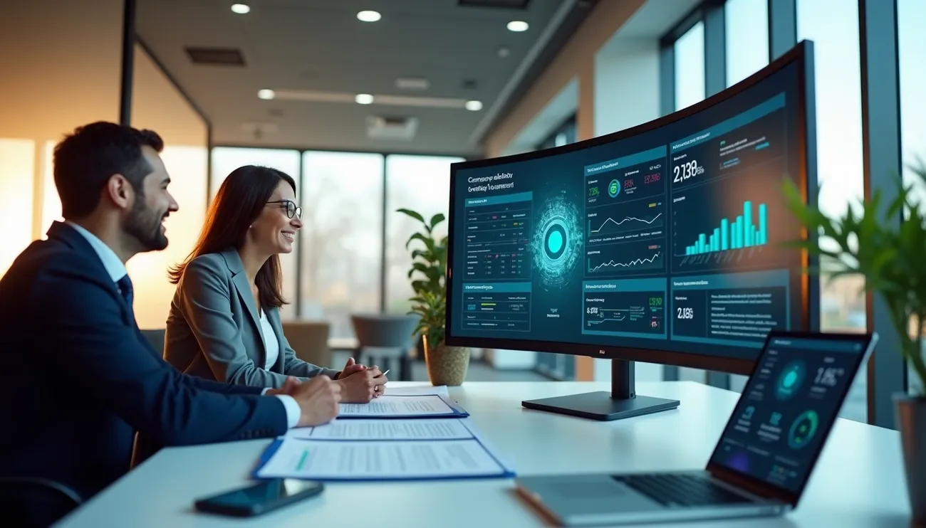 Two professionals reviewing futuristic insurance data and trends on a large curved monitor in a modern office.