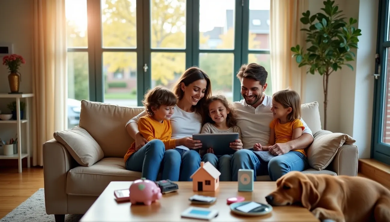Family of four sitting on a sofa looking at a tablet with a dog resting on the coffee table in a cozy living room.