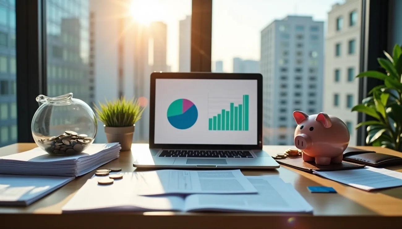 Office desk with coins, piggy bank, laptop showing charts, and documents symbolizing financial planning and asset protection.
