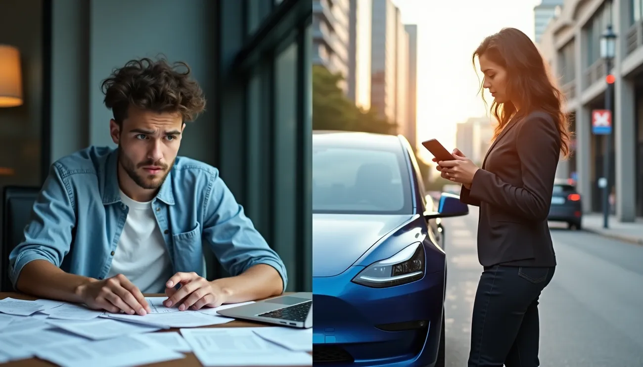 Young man reviewing insurance documents indoors and woman using phone next to a blue car on a city street at sunset