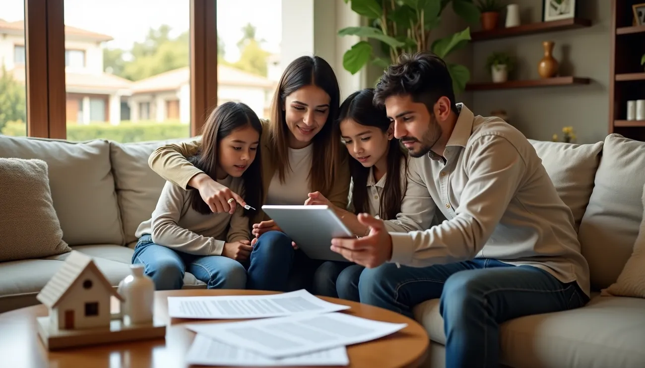 Family sitting on a couch reviewing documents and using a tablet in a cozy living room with large windows.