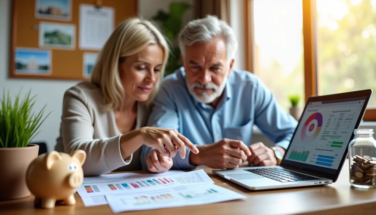 Couple reviewing retirement savings charts and financial data on paper and laptop at home office desk.
