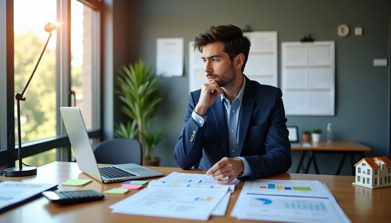 Businessman in a suit reviewing financial charts and documents at a desk with a laptop and office supplies.