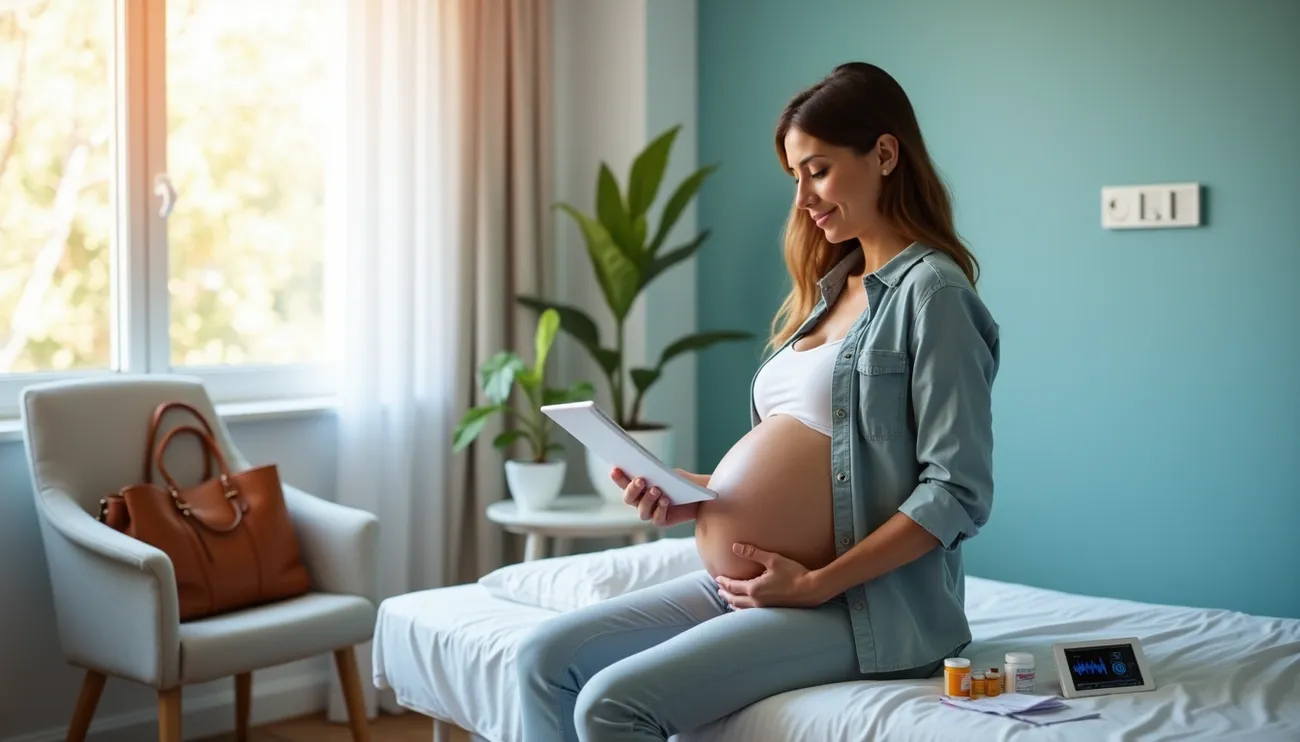 Pregnant woman sitting on a bed, holding a tablet, with medication and a heart monitor nearby in a bright room.