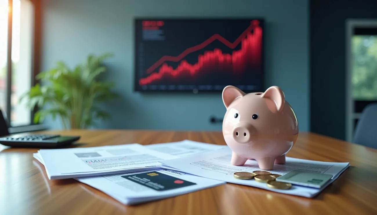 Piggy bank, coins, documents, and calculator on a table with a rising financial chart on a screen in the background.