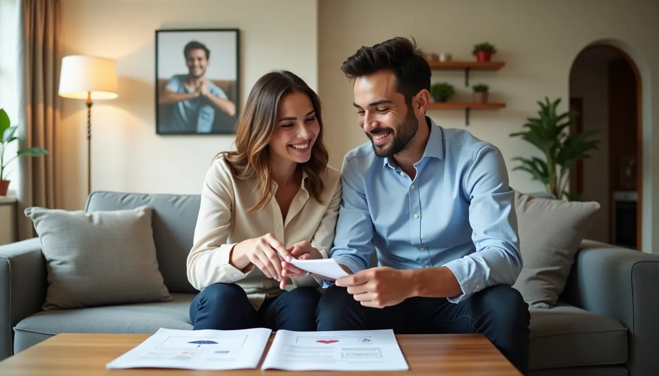 Couple sitting on a couch reviewing insurance documents together in a cozy living room setting.
