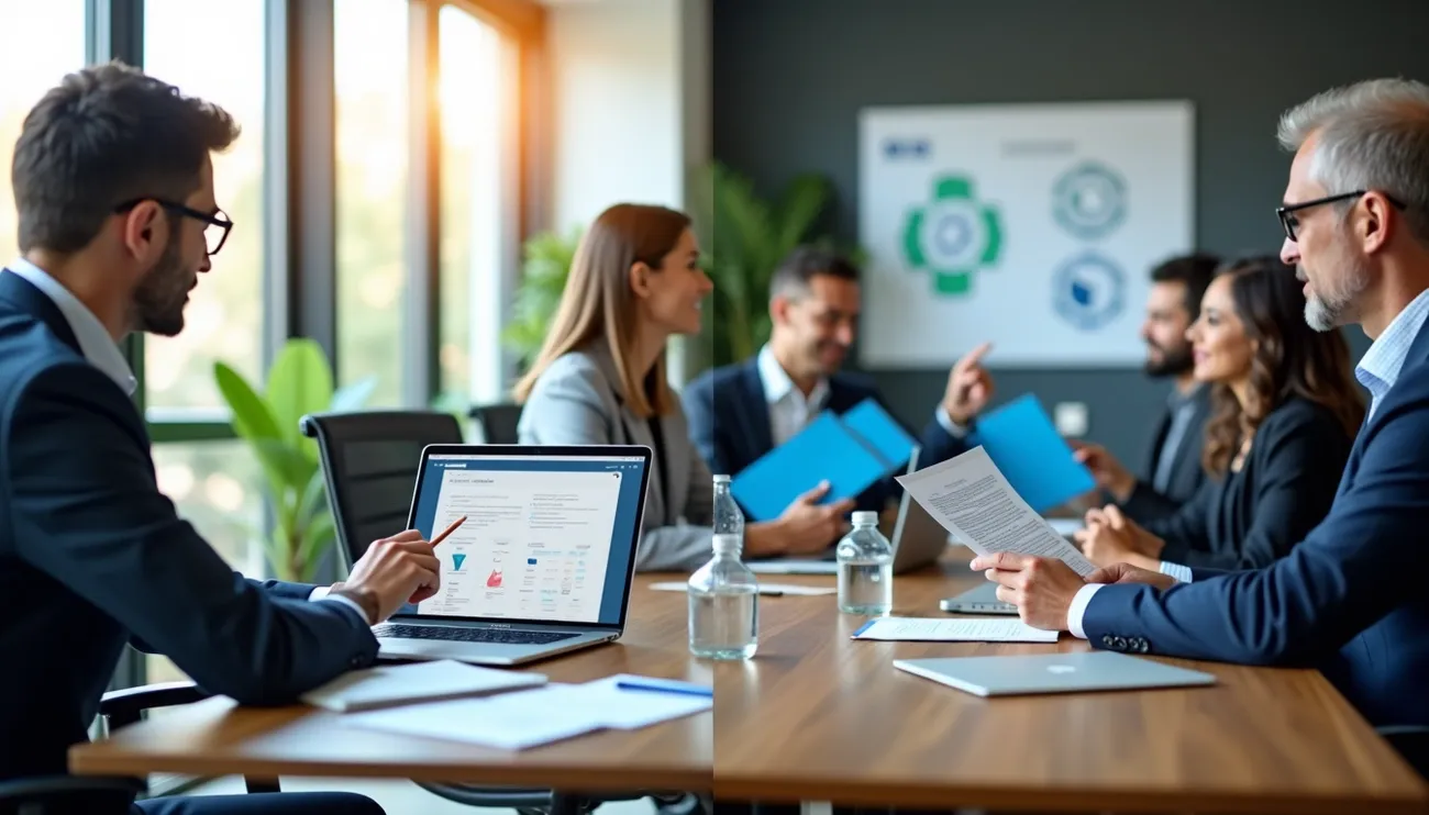 Business professionals in a meeting room discussing documents and data on a laptop around a conference table.