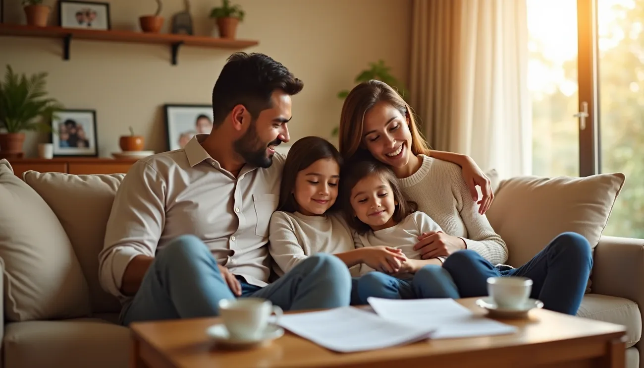 Family of four sitting closely on a couch in a cozy living room with sunlight streaming through the window.